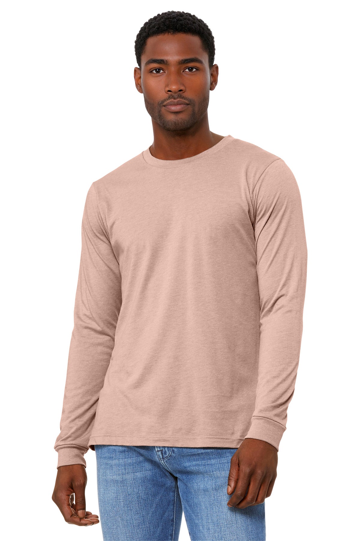Custom logo BELLA+CANVAS® Unisex Heather CVC Long Sleeve Tee BC3501CVC in Heather Peach
