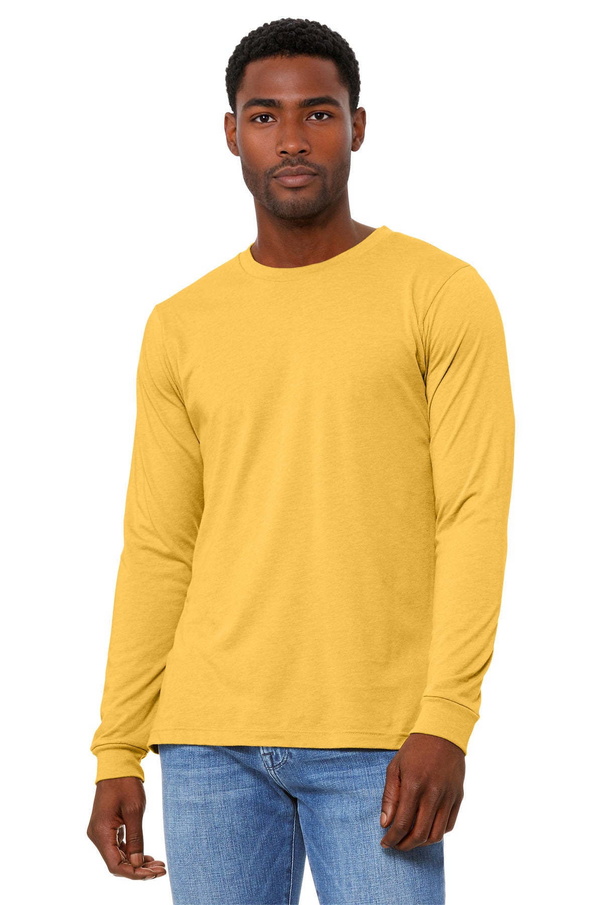 Custom logo BELLA+CANVAS® Unisex Heather CVC Long Sleeve Tee BC3501CVC in Heather Yellow Gold