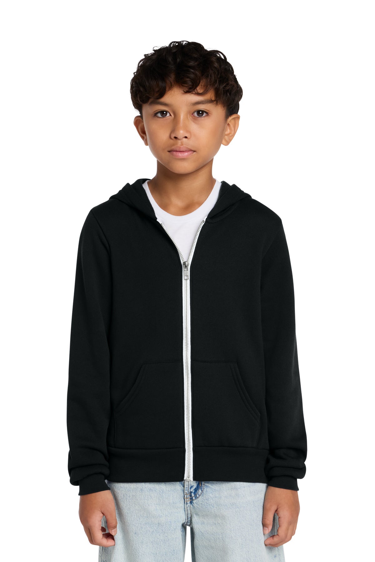 Custom logo BELLA+CANVAS® Youth Sponge Fleece Full-Zip Hooded Sweatshirt BC3739Y in Black