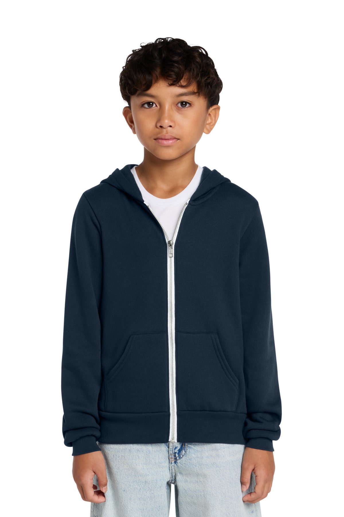 Custom logo BELLA+CANVAS® Youth Sponge Fleece Full-Zip Hooded Sweatshirt BC3739Y in Navy