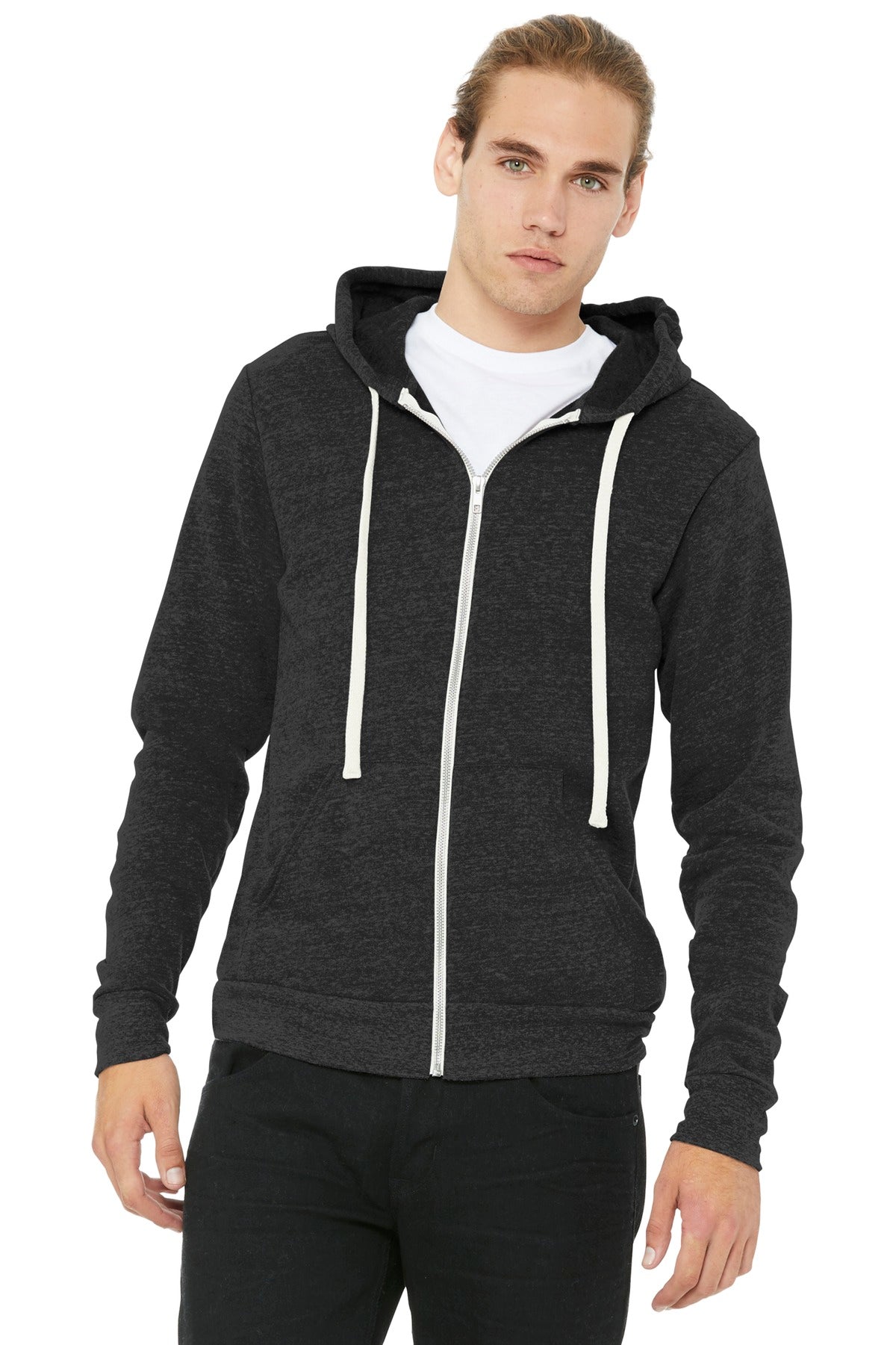 Custom logo BELLA+CANVAS ® Unisex Triblend Sponge Fleece Full-Zip Hoodie. BC3909 in Charcoal-Black Triblend