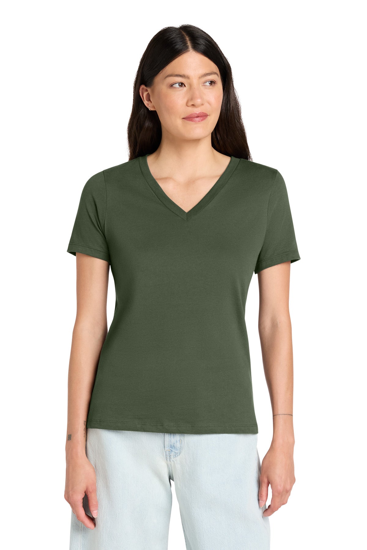 Custom logo BELLA+CANVAS ® Women's Relaxed Jersey Short Sleeve V-Neck Tee. BC6405 in Military Green