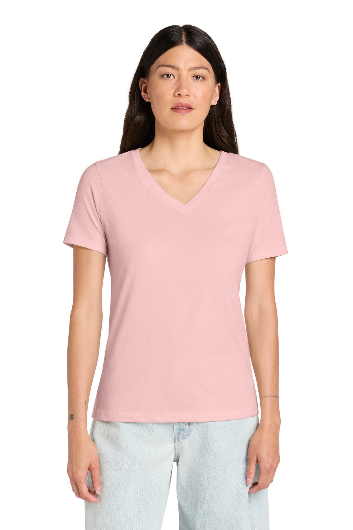 Custom logo BELLA+CANVAS ® Women's Relaxed Jersey Short Sleeve V-Neck Tee. BC6405 in Pink