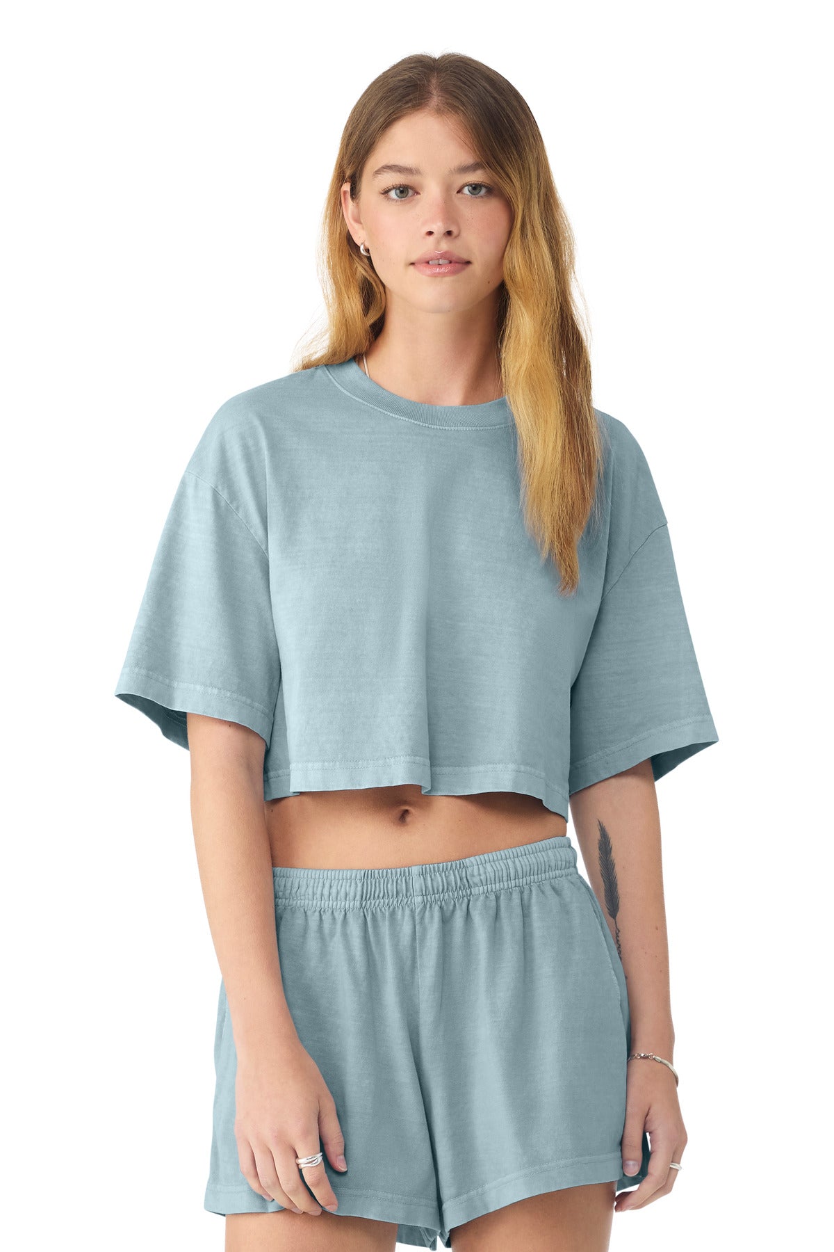 Custom logo BELLA+CANVAS® Women's Heavyweight Garment-Dyed Cropped Tee BC6882GD in Light Washed Denim