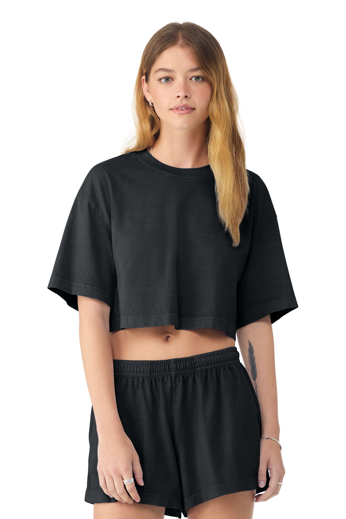 Custom logo BELLA+CANVAS® Women's Heavyweight Garment-Dyed Cropped Tee BC6882GD in Washed Black