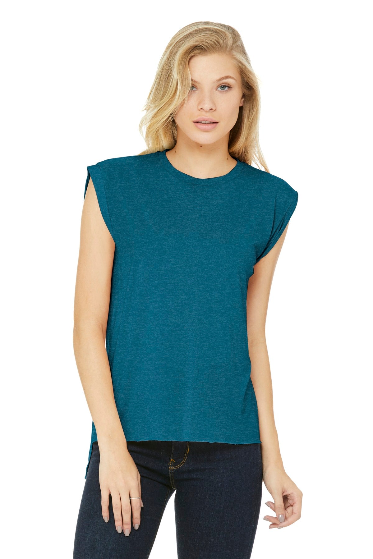 Custom logo BELLA+CANVAS® Women's Flowy Muscle Tee with Rolled Cuffs BC8804 in Heather Deep Teal