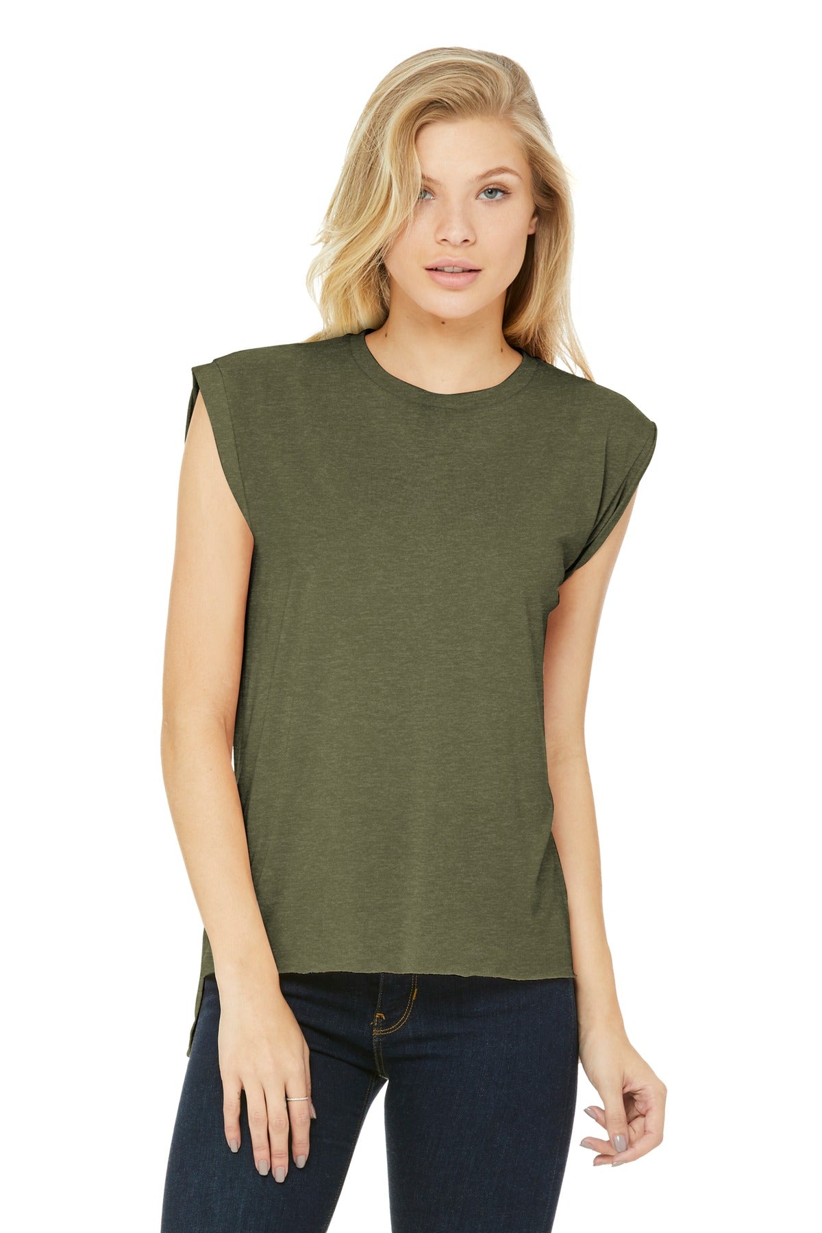 Custom logo BELLA+CANVAS® Women's Flowy Muscle Tee with Rolled Cuffs BC8804 in Heather Olive