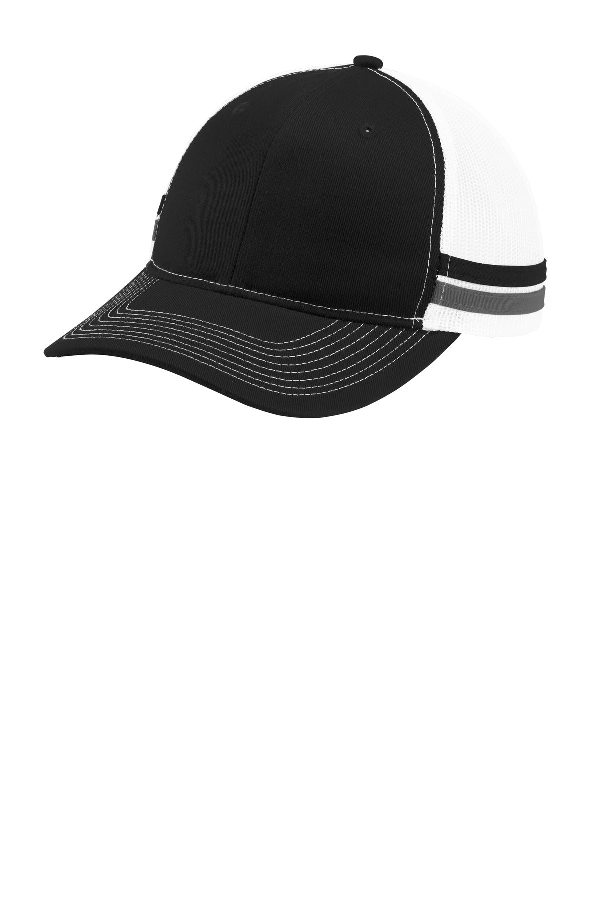 Custom logo Port Authority ® Two-Stripe Snapback Trucker Cap. C113 in Black/ Grey Steel/ White