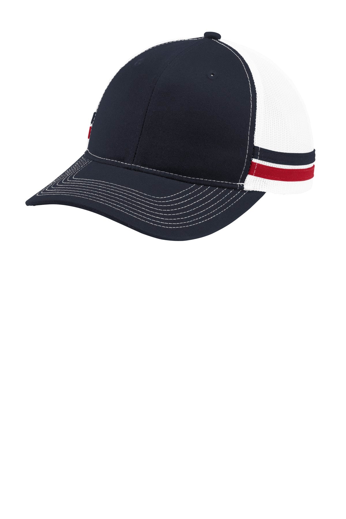 Custom logo Port Authority ® Two-Stripe Snapback Trucker Cap. C113 in Rich Navy/ Flame Red/ White