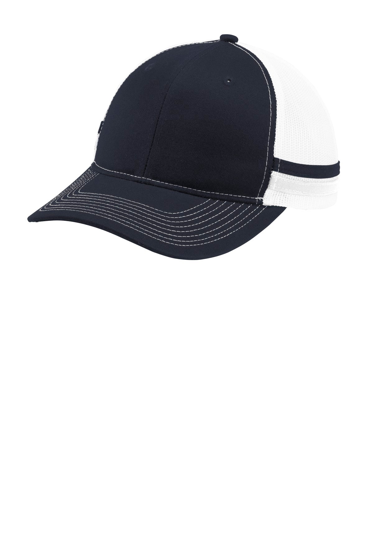 Custom logo Port Authority ® Two-Stripe Snapback Trucker Cap. C113 in Rich Navy/ Rich Navy/ White