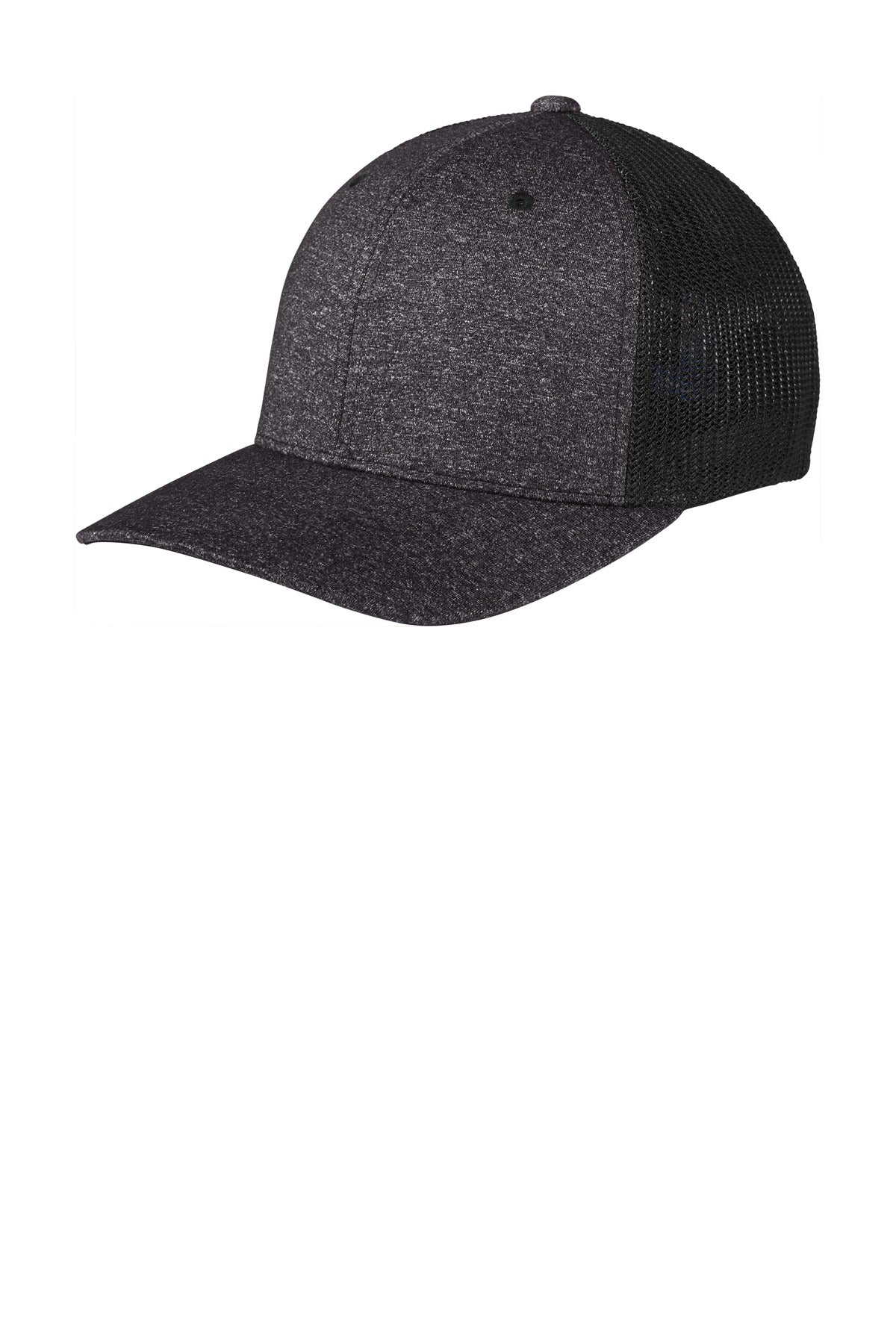 Custom logo Port Authority ® Flexfit ® Melange Mesh Back Trucker Cap C302 in Black/ Dark Charcoal Heather
