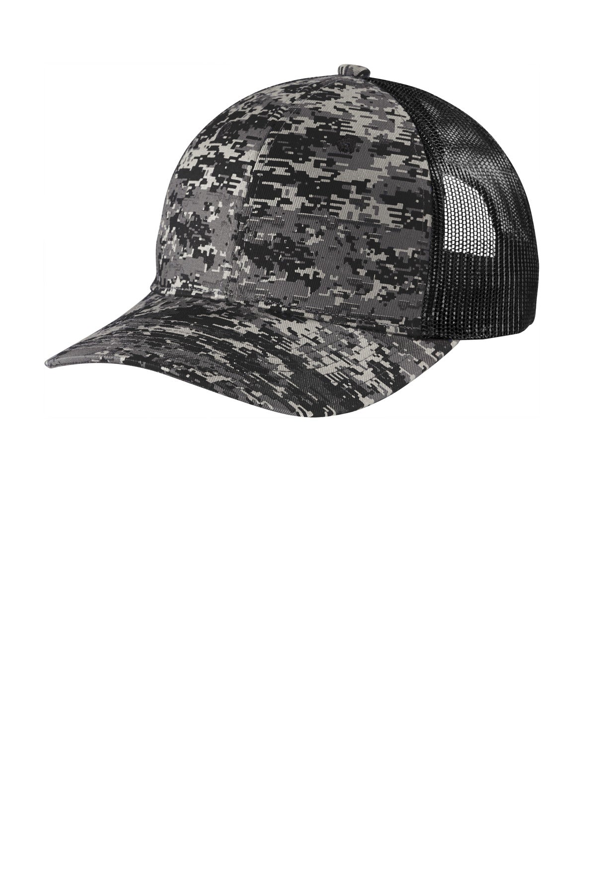 Custom logo Port Authority ® Digi Camo Snapback Trucker Cap C404 in Black Digi/ Black