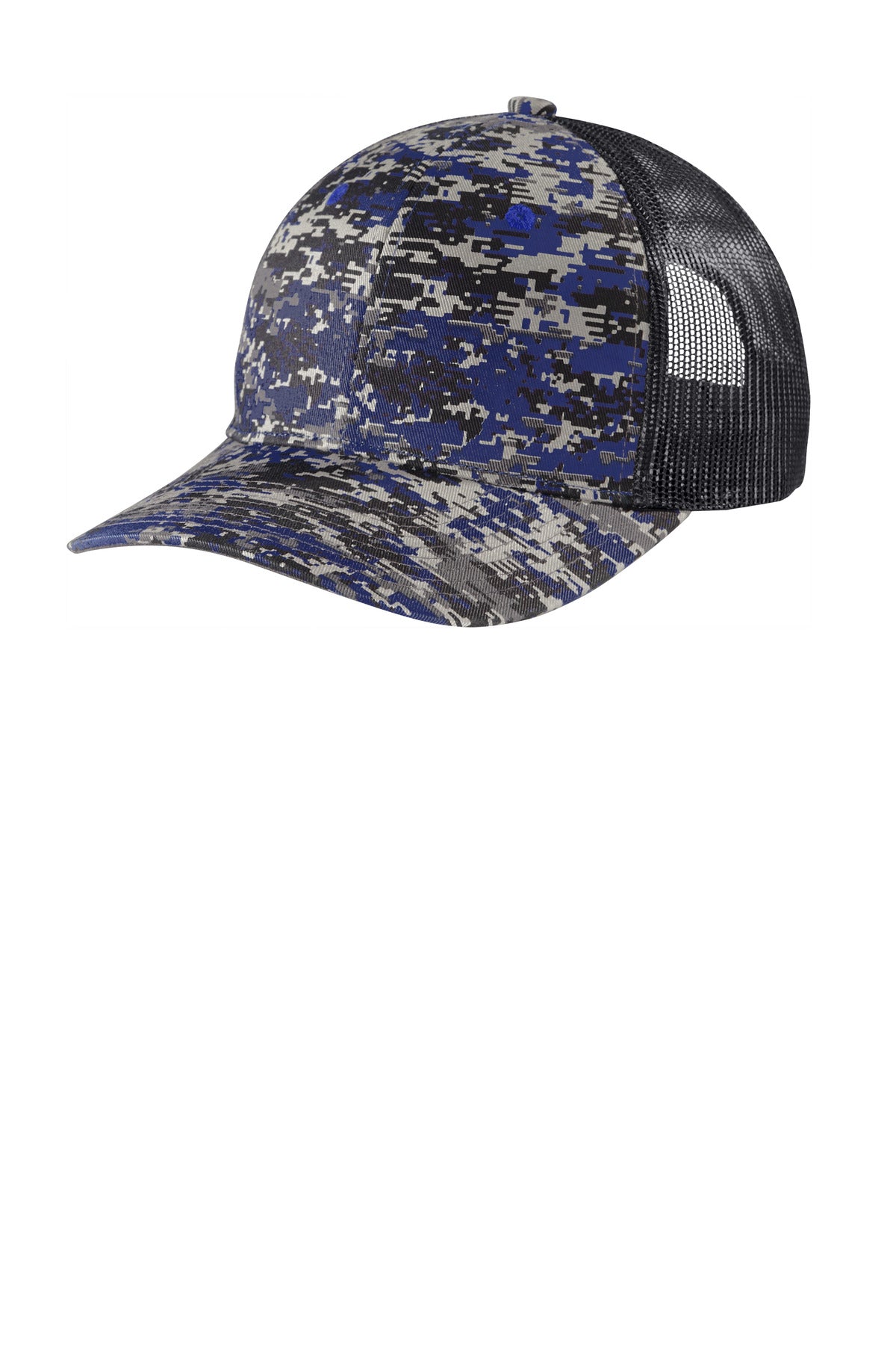 Custom logo Port Authority ® Digi Camo Snapback Trucker Cap C404 in Patriot Blue Digi/ Grey Steel