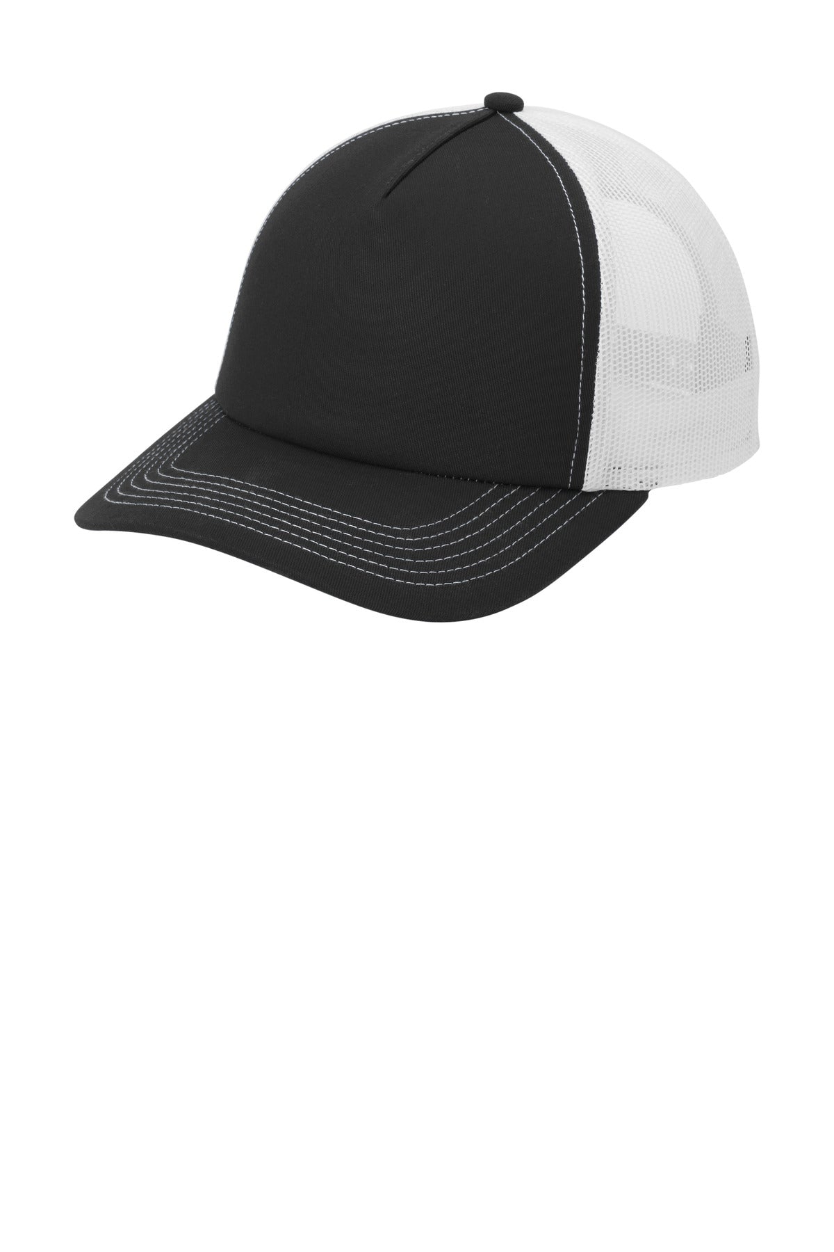 Custom logo Port Authority® Low-Profile Snapback 5-Panel Trucker Cap C405LP in Black/ White