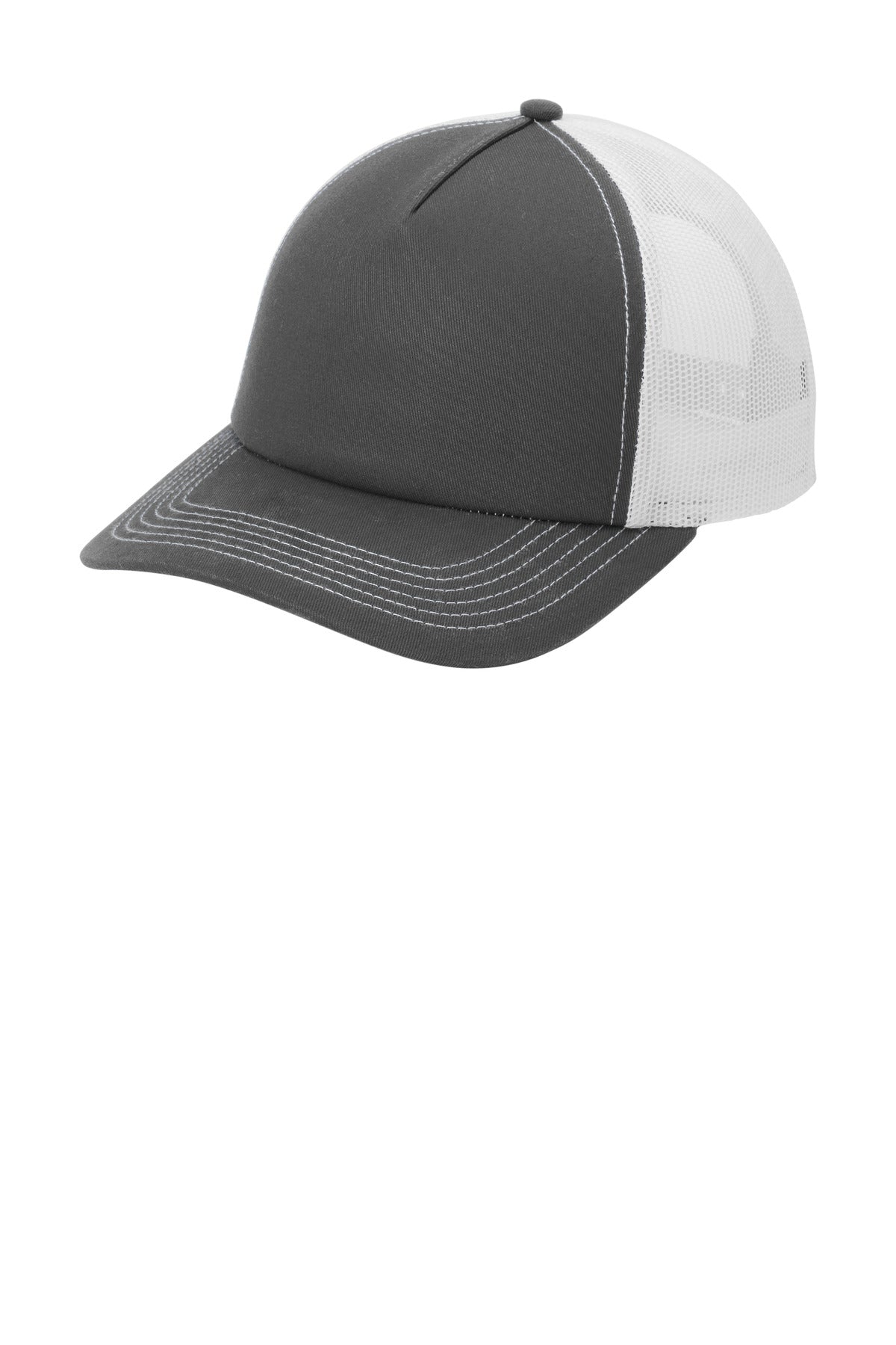 Custom logo Port Authority® Low-Profile Snapback 5-Panel Trucker Cap C405LP in Grey Steel/ White