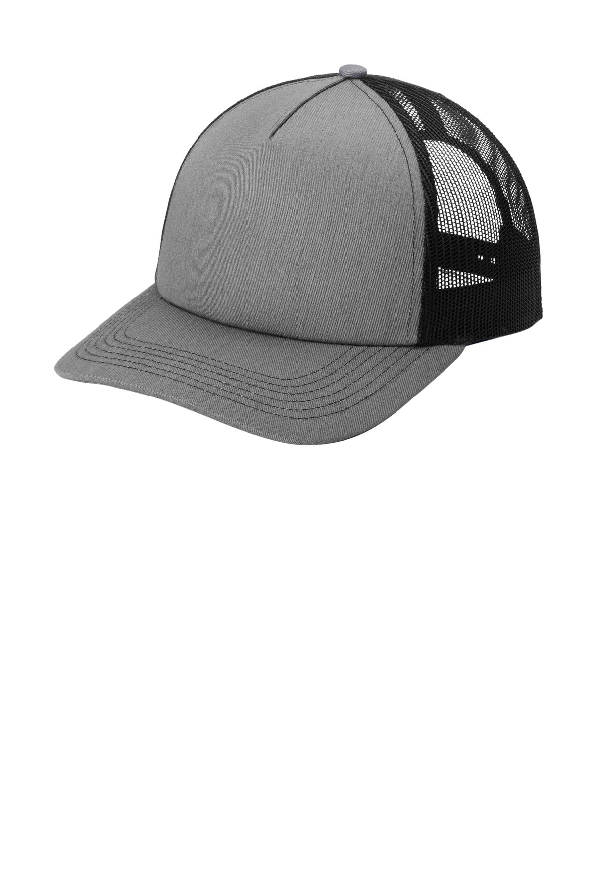 Custom logo Port Authority® Low-Profile Snapback 5-Panel Trucker Cap C405LP in Heather Grey/ Black