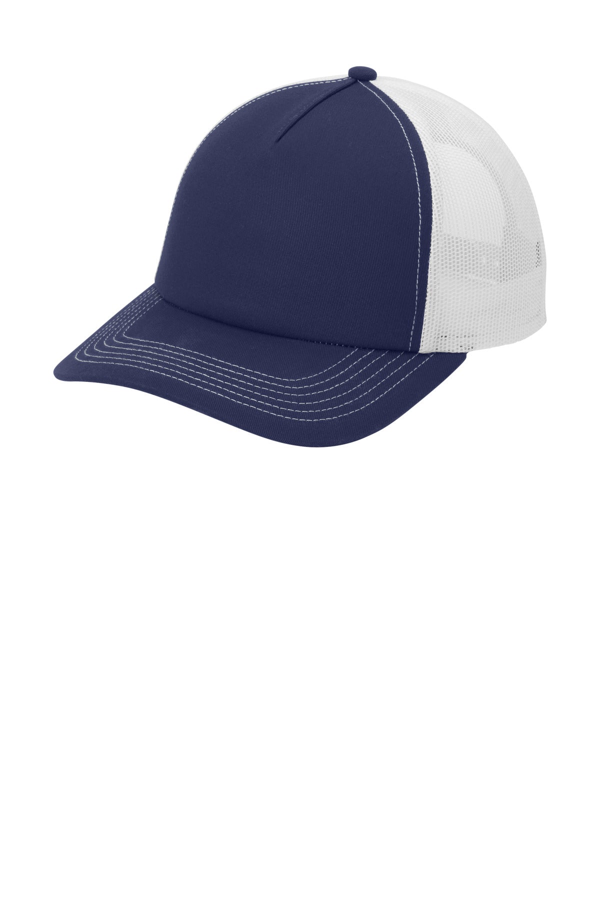 Custom logo Port Authority® Low-Profile Snapback 5-Panel Trucker Cap C405LP in True Navy/ White