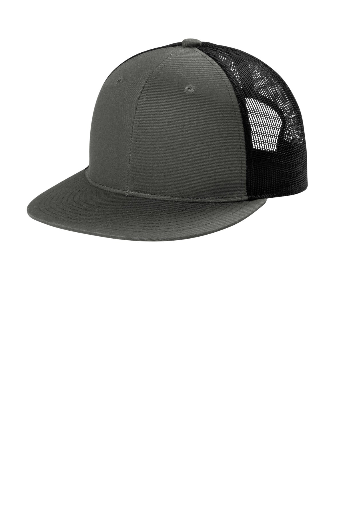 Custom logo Port Authority® Snapback Flat Bill Trucker Cap C407 in Grey Steel/ Black