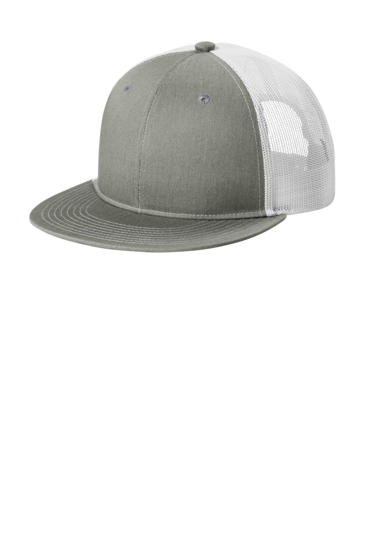 Custom logo Port Authority® Snapback Flat Bill Trucker Cap C407 in Heather Grey/ White