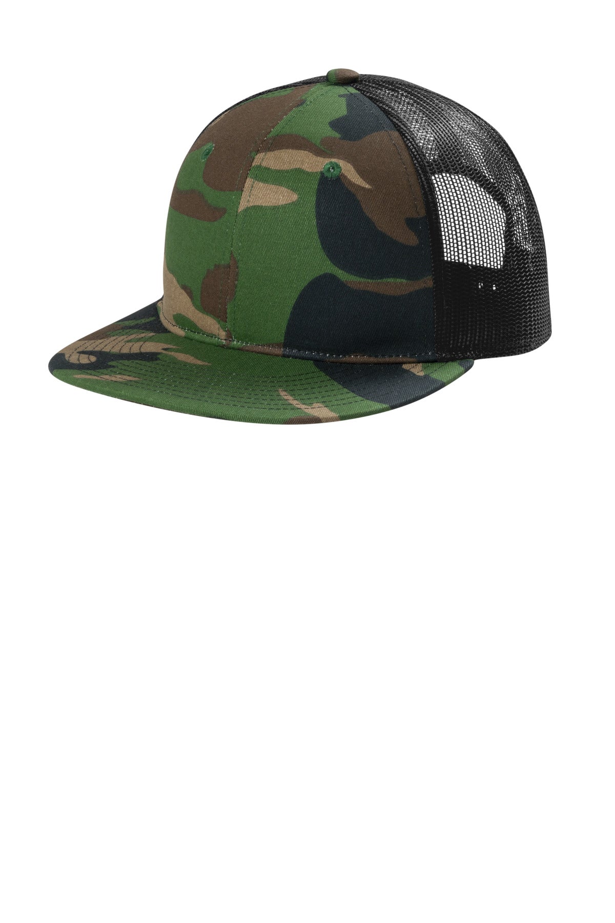 Custom logo Port Authority® Snapback Flat Bill Trucker Cap C407 in Woodland Camo/ Black