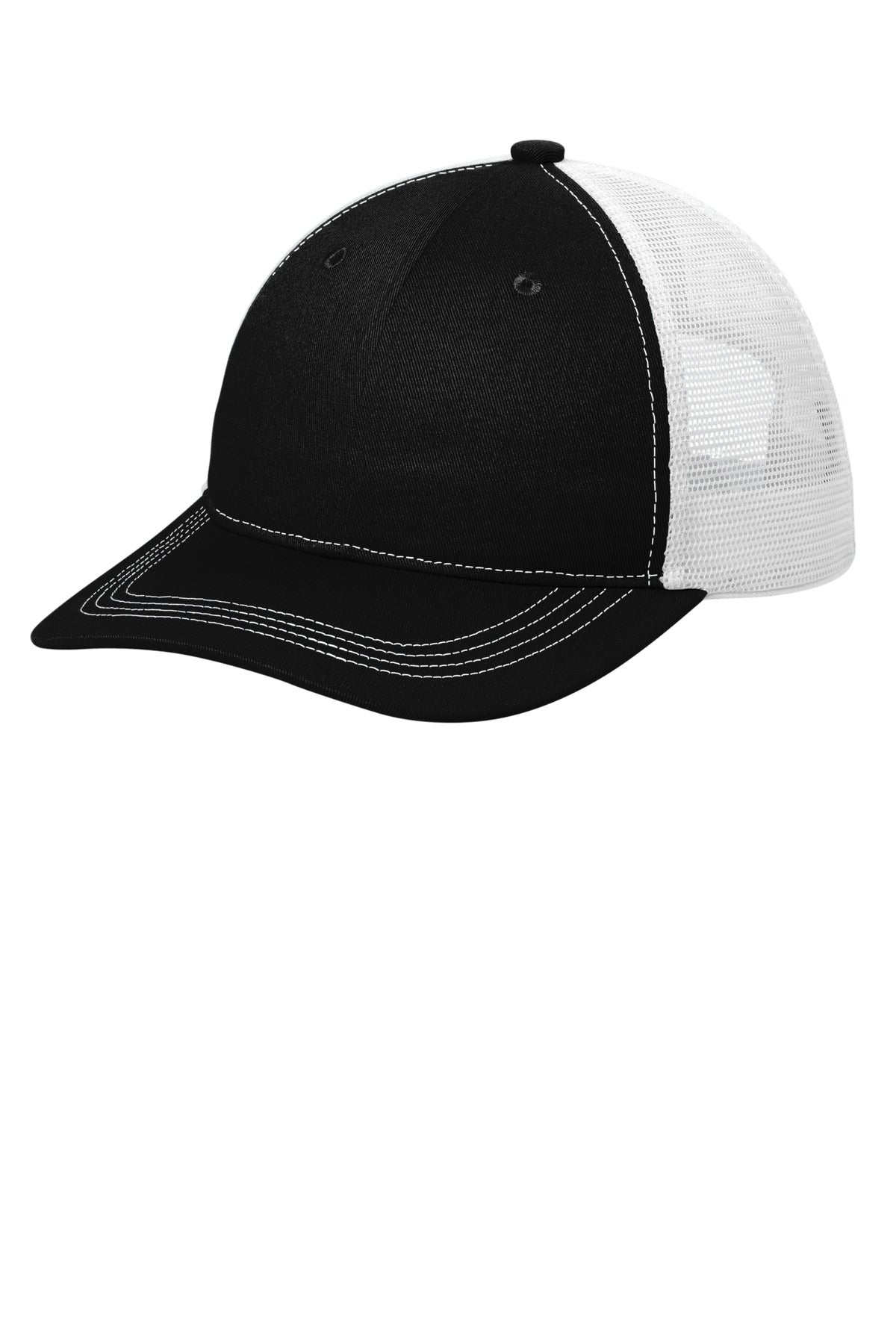 Custom logo Port Authority® Unstructured Snapback Trucker Cap C409 in Black/ White