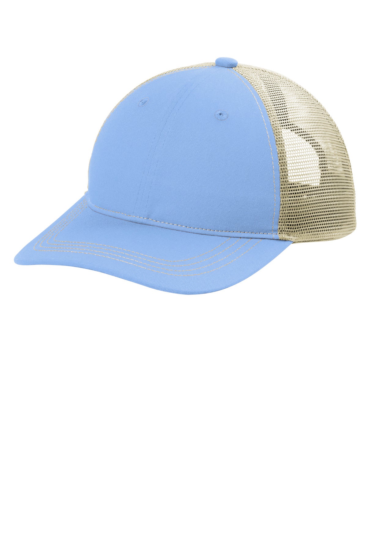 Custom logo Port Authority® Unstructured Snapback Trucker Cap C409 in Carolina Blue/ Tan