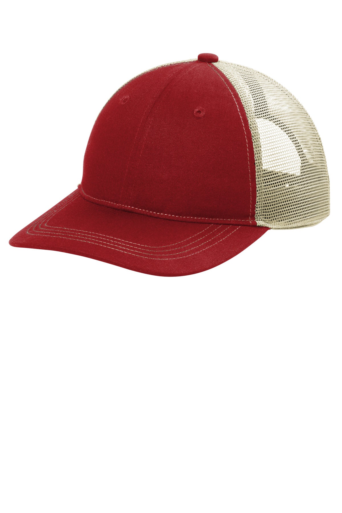Custom logo Port Authority® Unstructured Snapback Trucker Cap C409 in Flame Red/ Tan