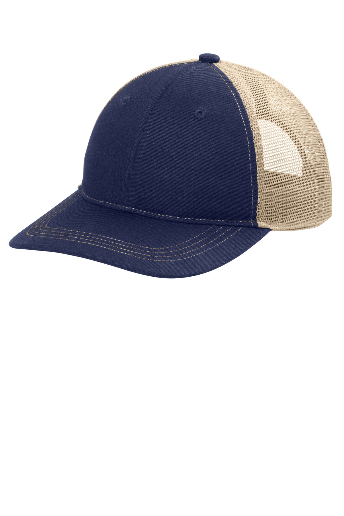 Custom logo Port Authority® Unstructured Snapback Trucker Cap C409 in True Navy/ Tan