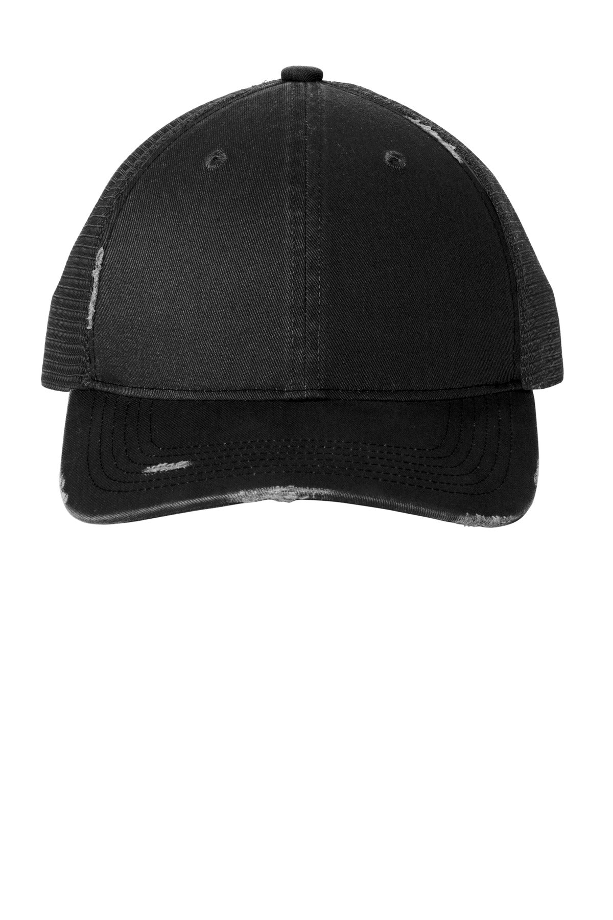 Custom logo Port Authority® Distressed Mesh Back Cap C600 in Black/ Black