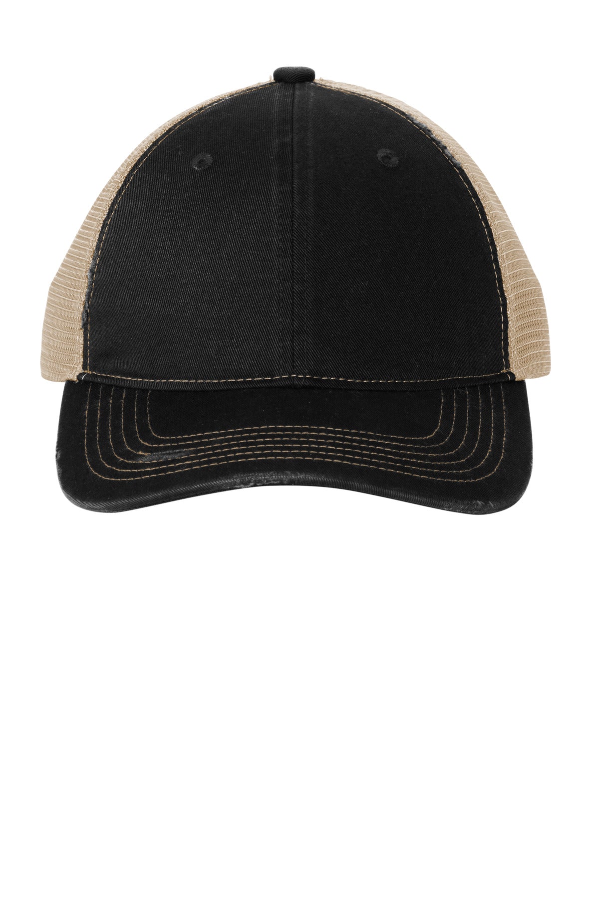 Custom logo Port Authority® Distressed Mesh Back Cap C600 in Black/ Khaki