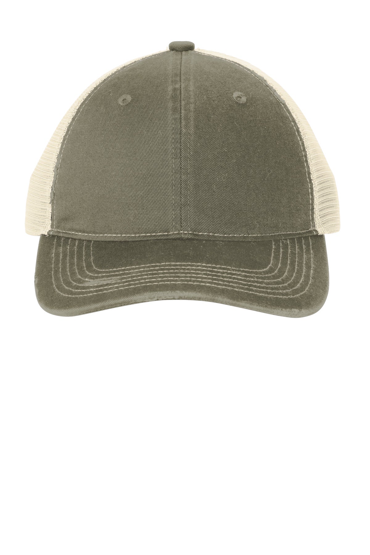 Custom logo Port Authority® Distressed Mesh Back Cap C600 in Light Olive/ Stone