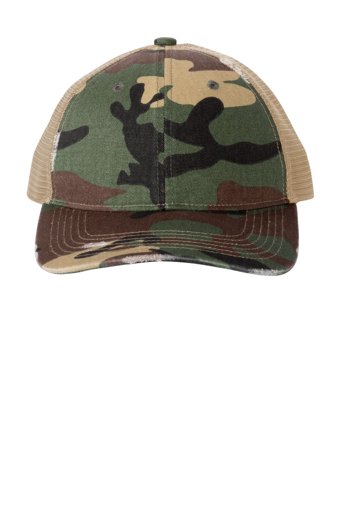 Custom logo Port Authority® Distressed Mesh Back Cap C600 in Military Camo/ Khaki