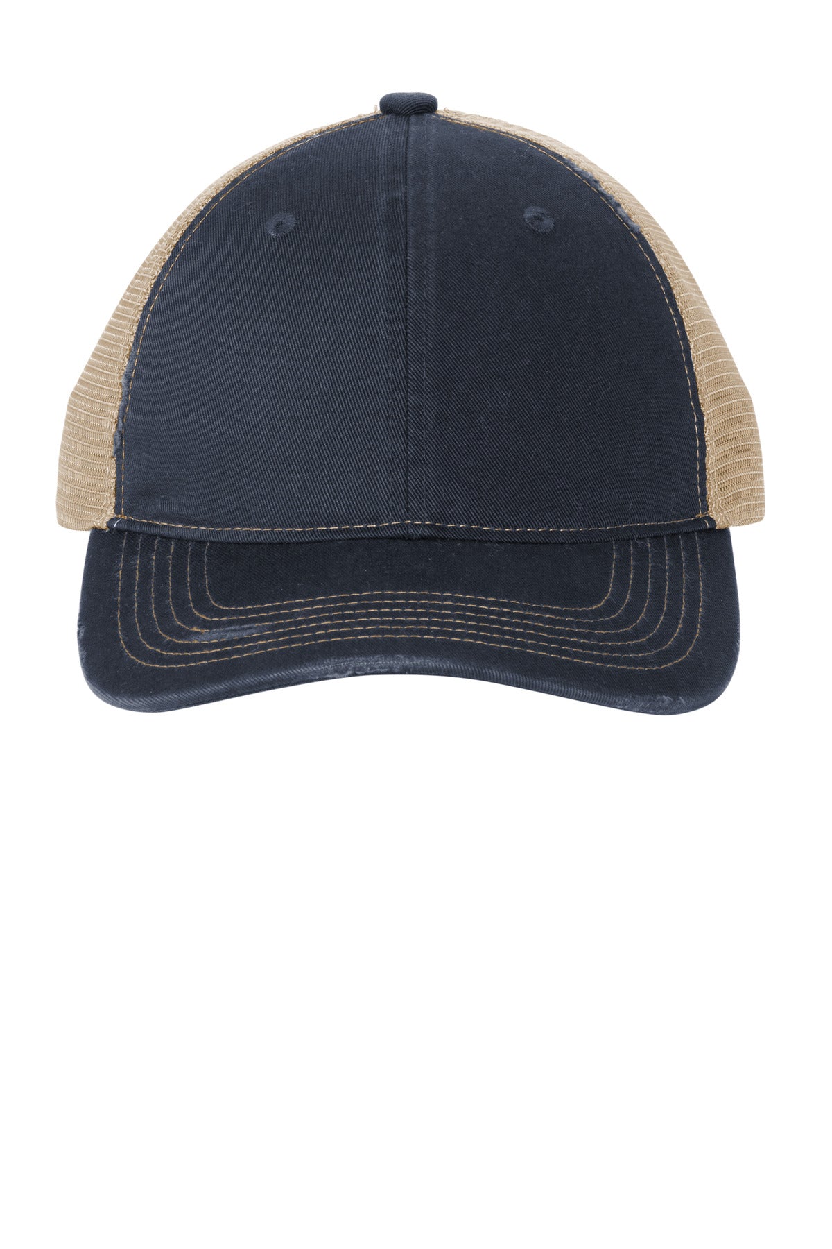 Custom logo Port Authority® Distressed Mesh Back Cap C600 in River Blue Navy/ Khaki