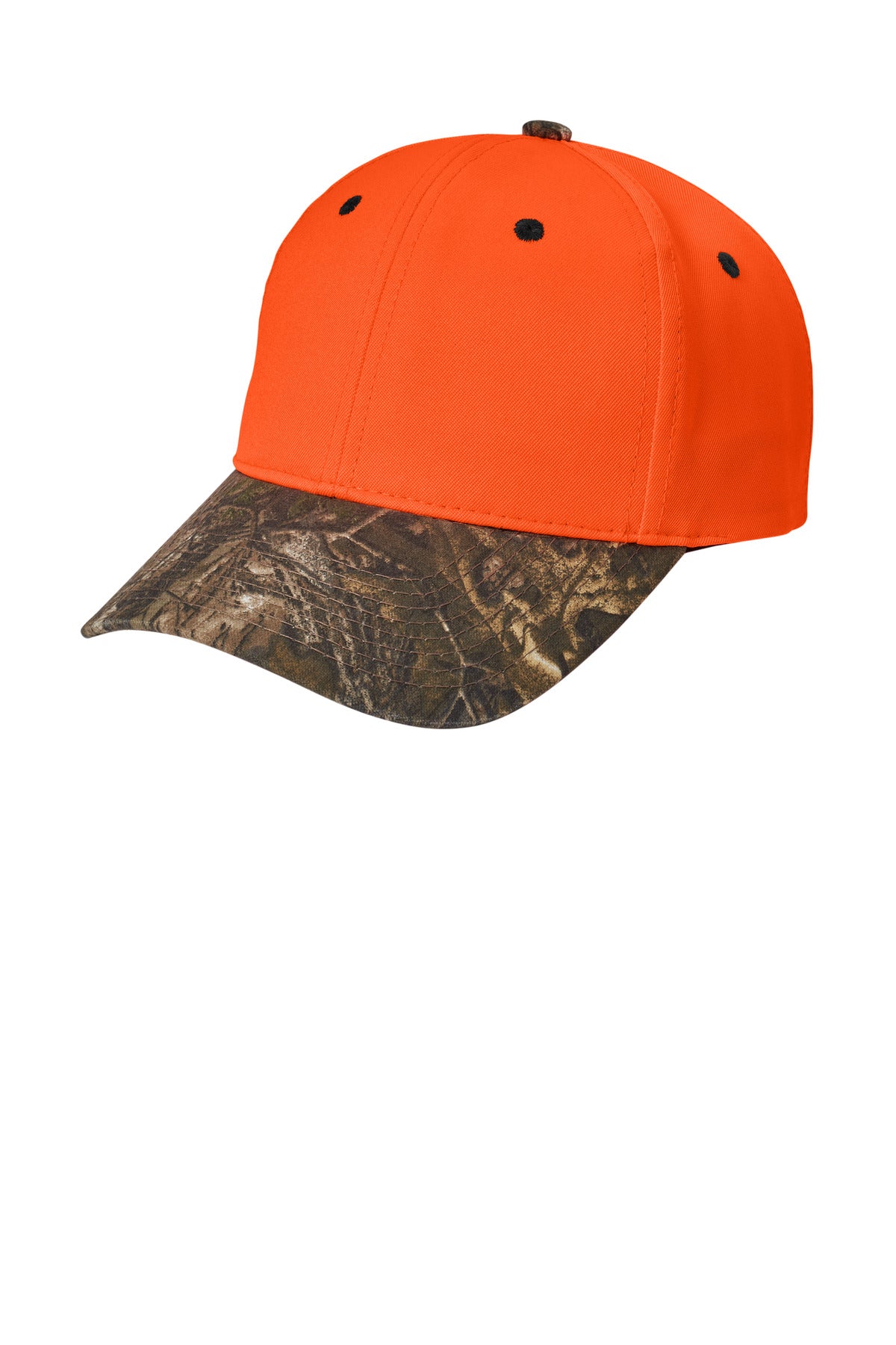 Custom logo Port Authority® Enhanced Visibility Cap with Camo Brim. C804 in Orange Blaze/ Realtree Xtra