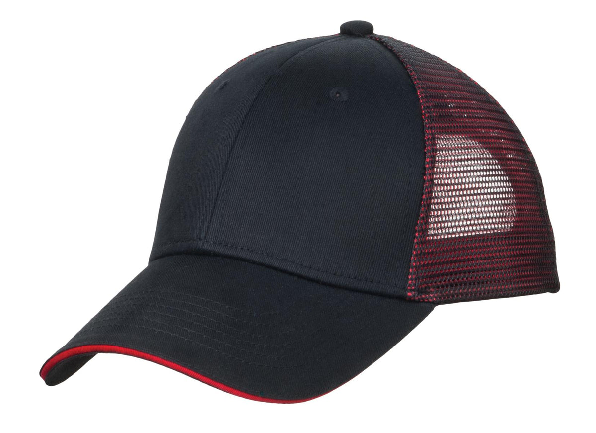 Custom logo Port Authority® Double Mesh Snapback Sandwich Bill Cap. C818 in Black/ Red