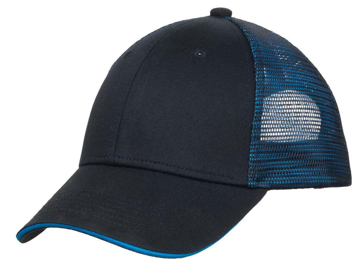 Custom logo Port Authority® Double Mesh Snapback Sandwich Bill Cap. C818 in Black/ Shock Blue