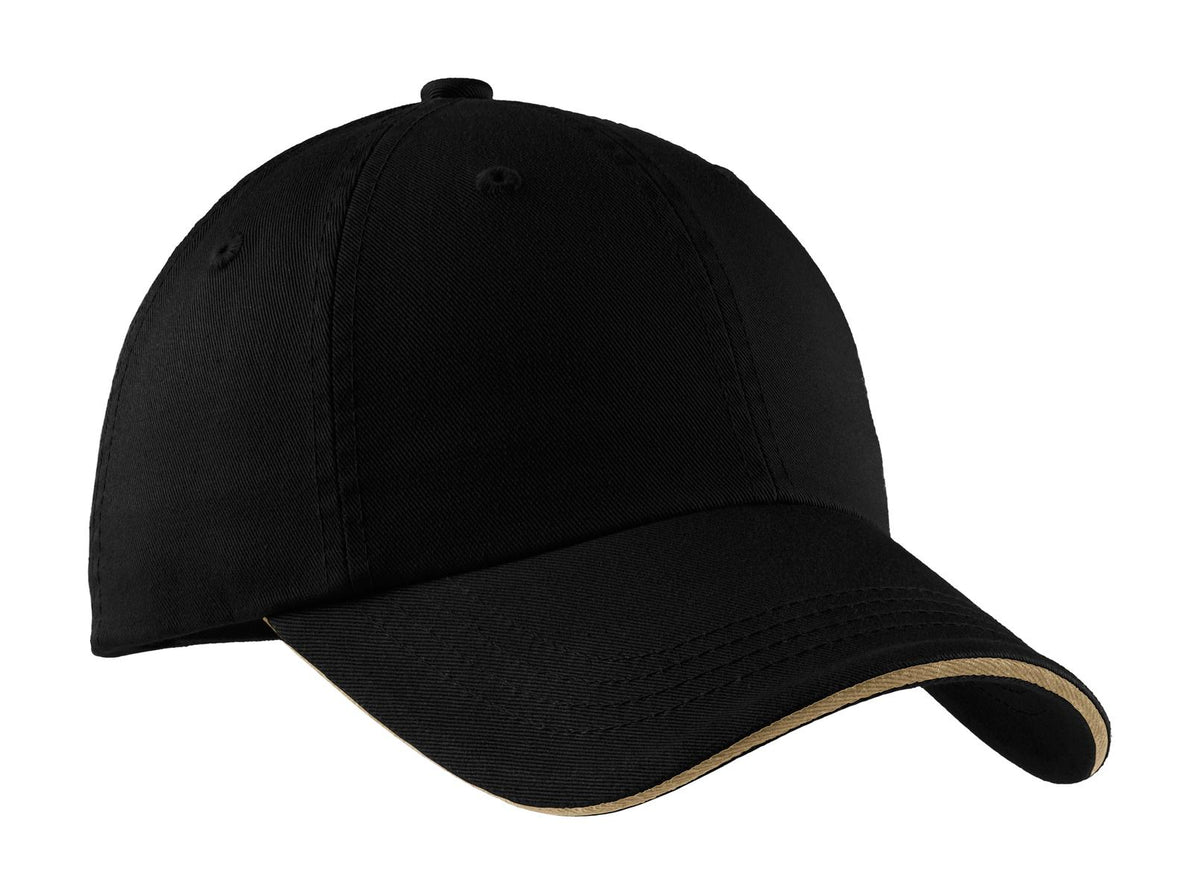 Custom logo Port Authority® Sandwich Bill Cap with Striped Closure.  C830 in Black/ Khaki