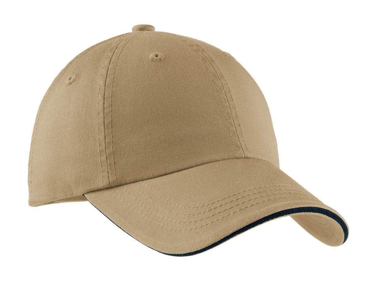 Custom logo Port Authority® Sandwich Bill Cap with Striped Closure.  C830 in Khaki/ Charcoal Blue
