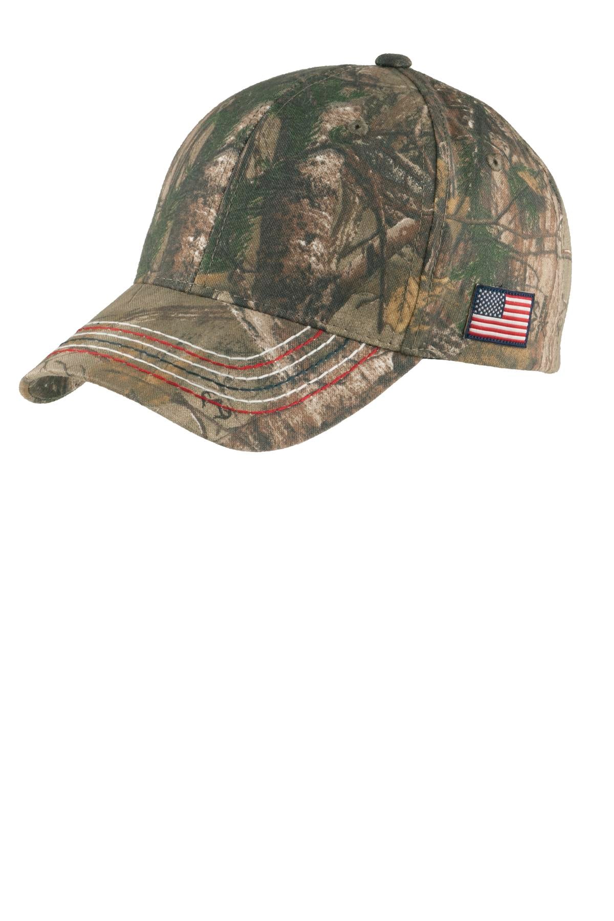 Custom logo Port Authority® Americana Contrast Stitch Camouflage Cap. C909 in Realtree Xtra