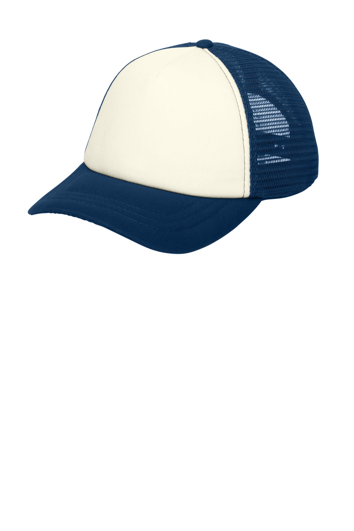 Custom logo Port Authority ® 5-Panel Twill Foam Trucker Cap. C936 in Ivory/ Navy