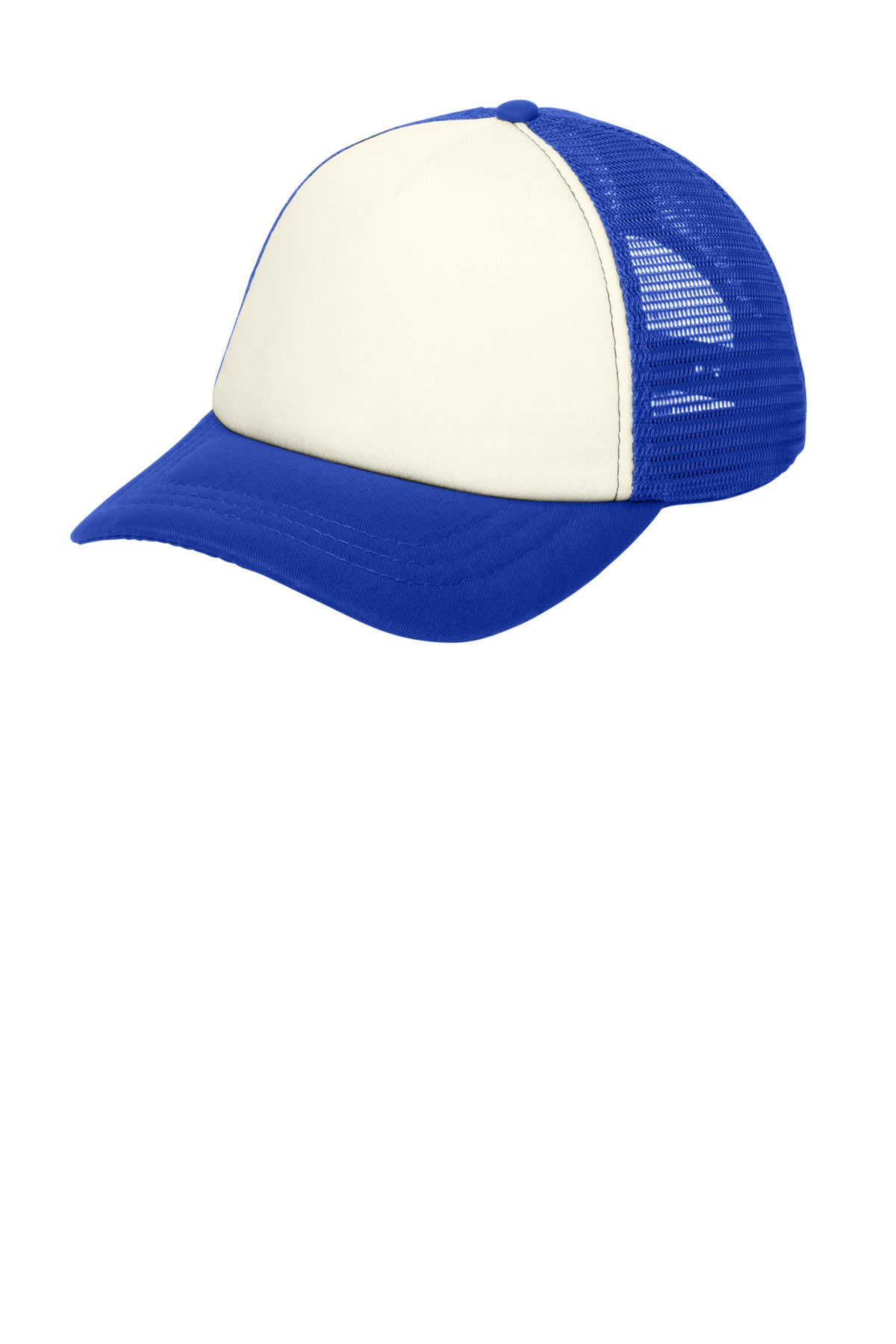 Custom logo Port Authority ® 5-Panel Twill Foam Trucker Cap. C936 in Ivory/ Royal