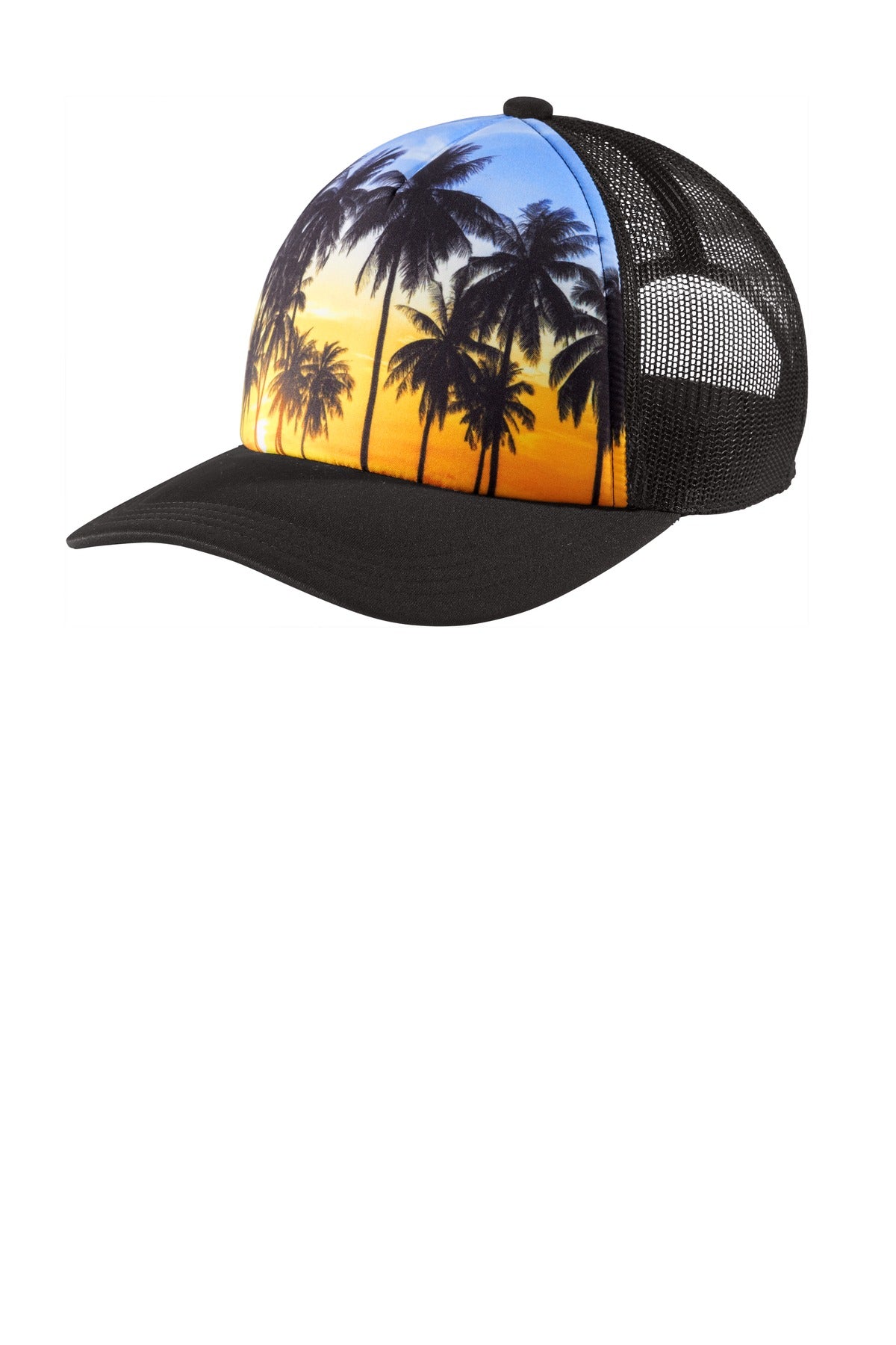 Custom logo Port Authority ® Photo Real Snapback Trucker Cap C950 in Palm Trees