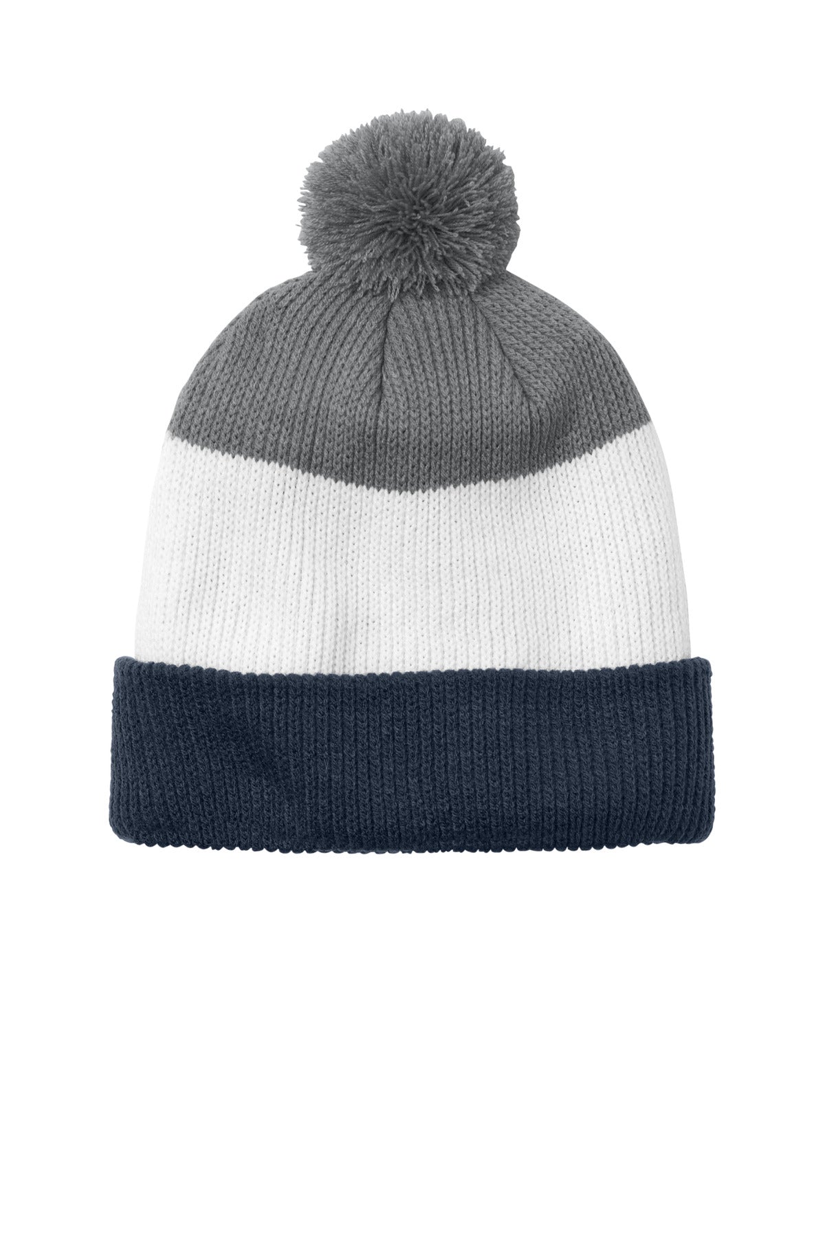 Custom logo Port Authority® Cozy Striped Pom Beanie C979 in River Blue Navy/ Marshmallow/ Gusty Grey