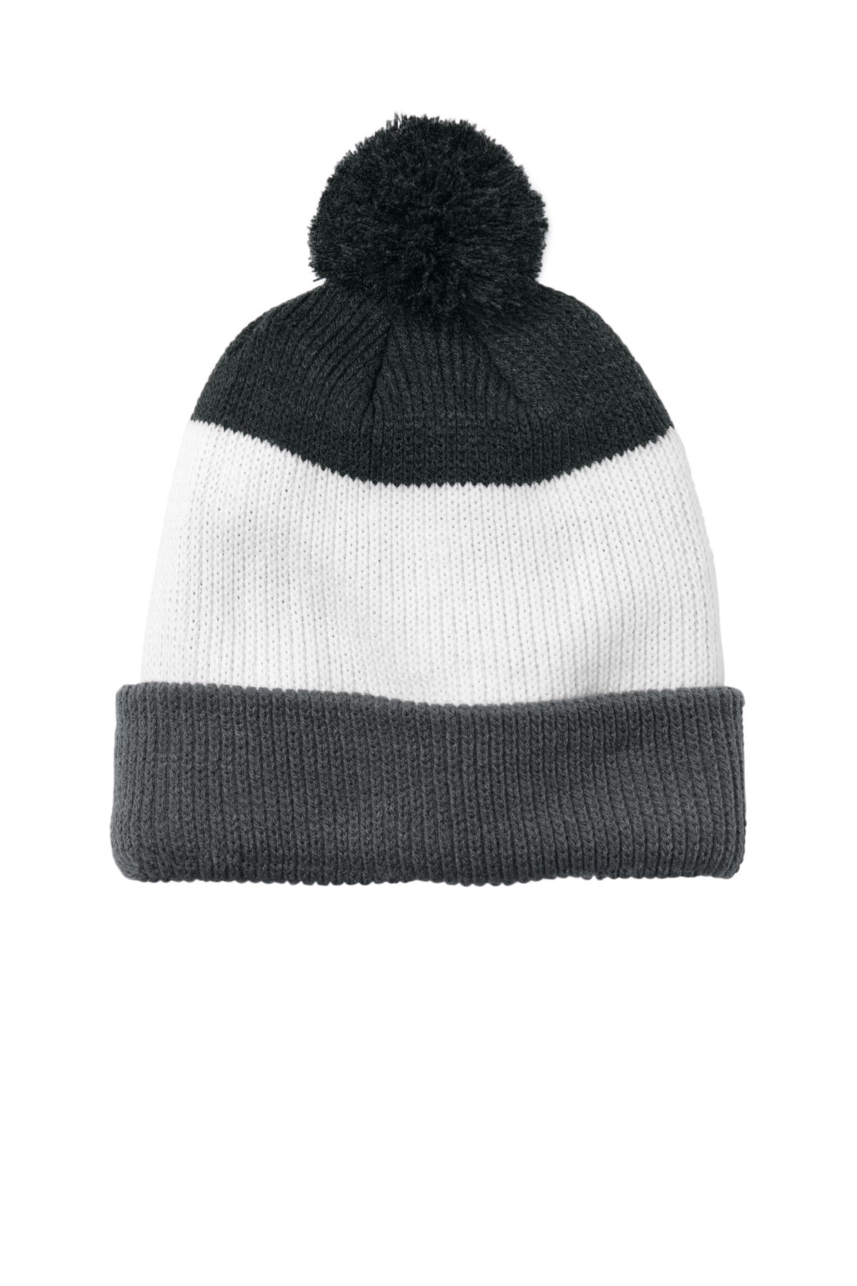 Custom logo Port Authority® Cozy Striped Pom Beanie C979 in Storm Grey/ Marshmallow/ Charcoal Heather