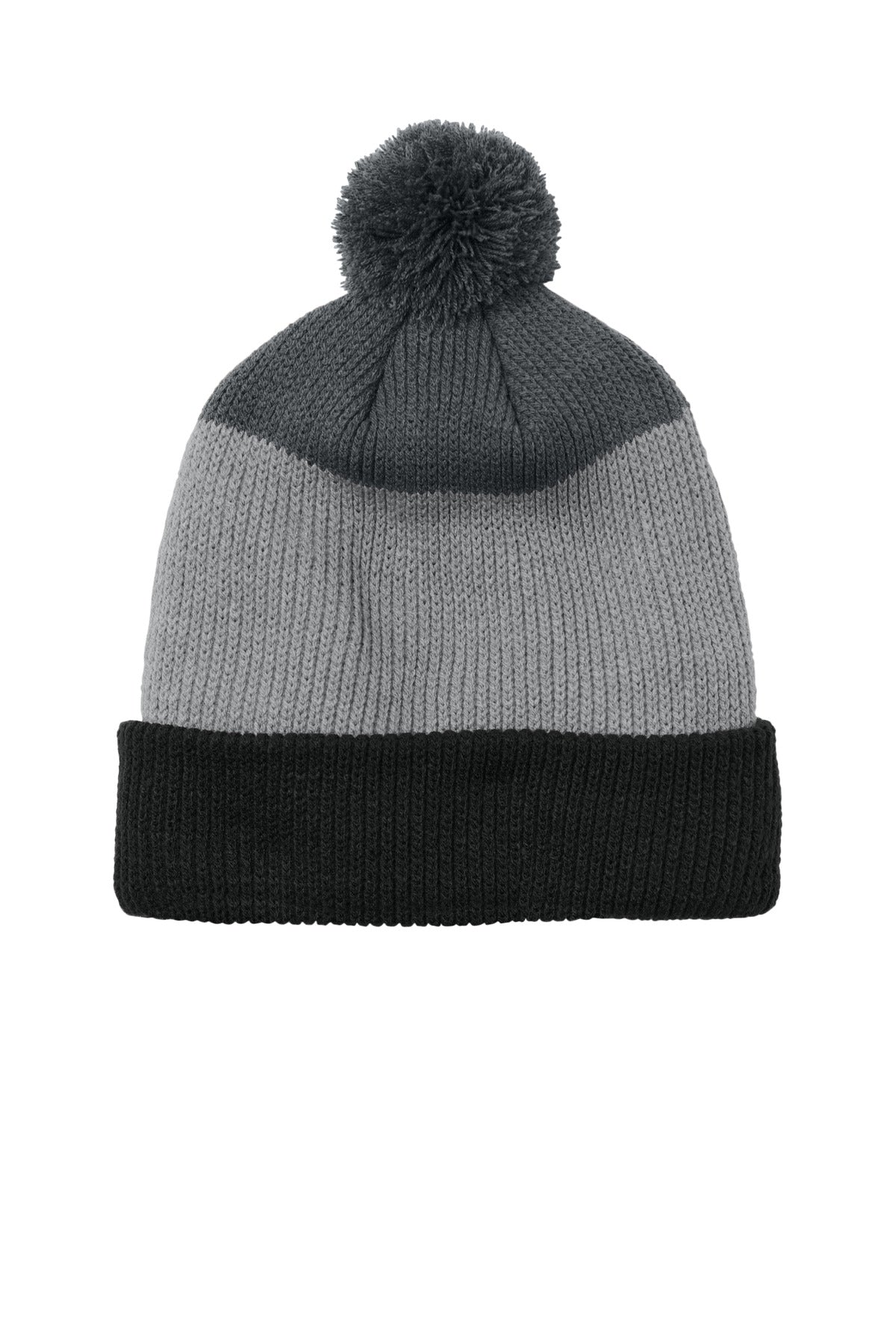 Custom logo Port Authority® Cozy Striped Pom Beanie C979 in Deep Black/ Gusty Grey/ Storm Grey