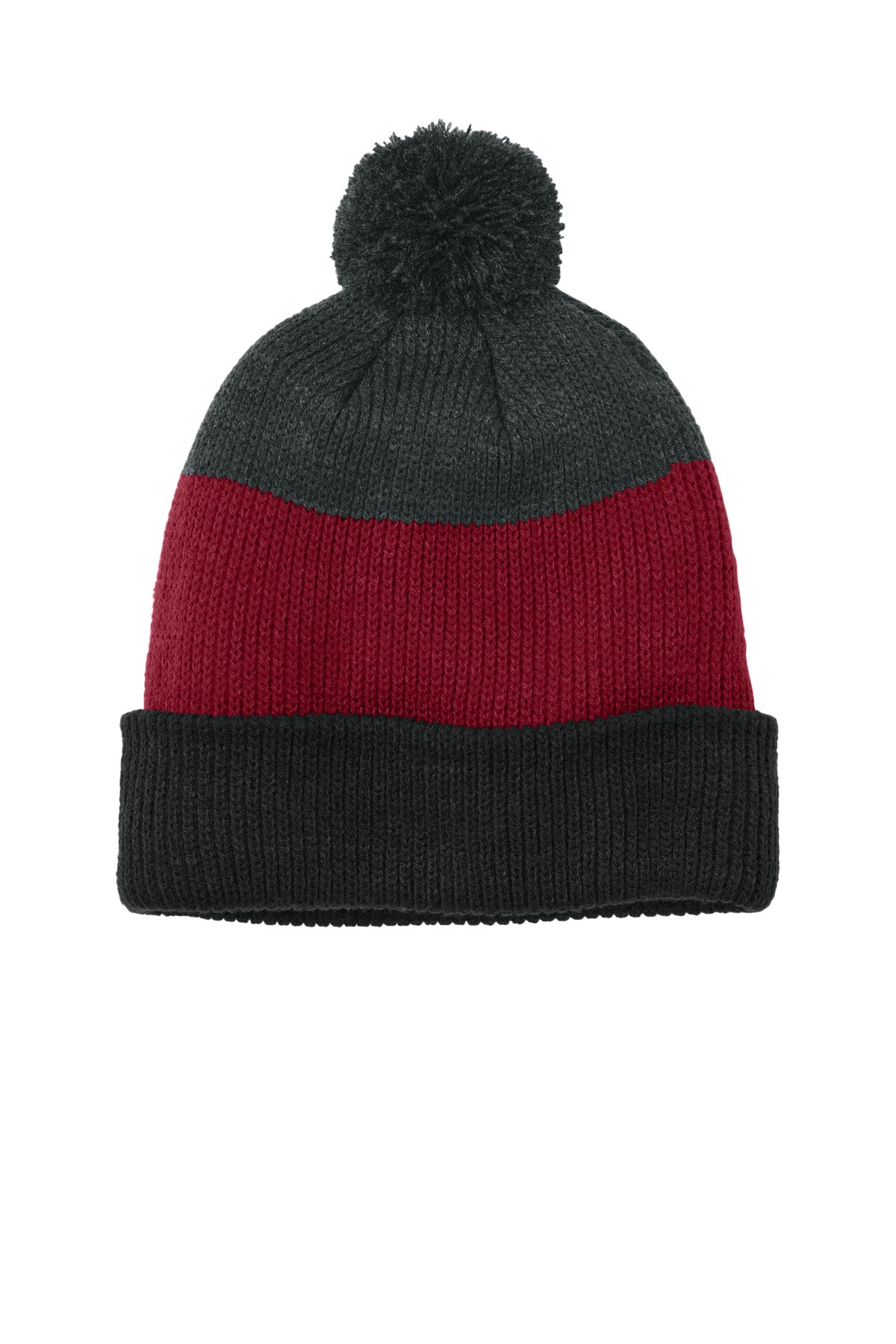 Custom logo Port Authority® Cozy Striped Pom Beanie C979 in Deep Black/ Rich Red/ Charcoal Heather