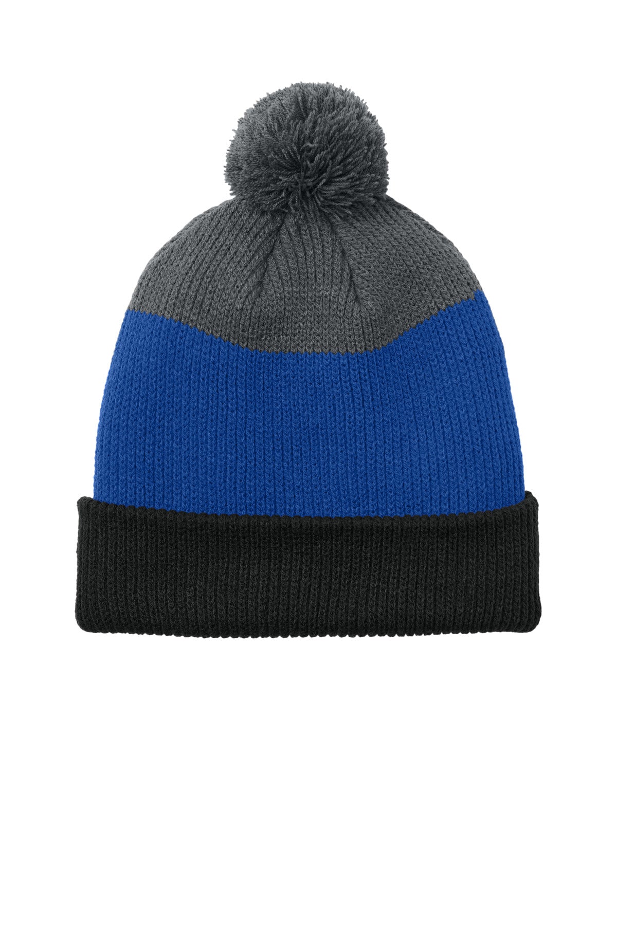 Custom logo Port Authority® Cozy Striped Pom Beanie C979 in Deep Black/ True Royal/ Storm Grey