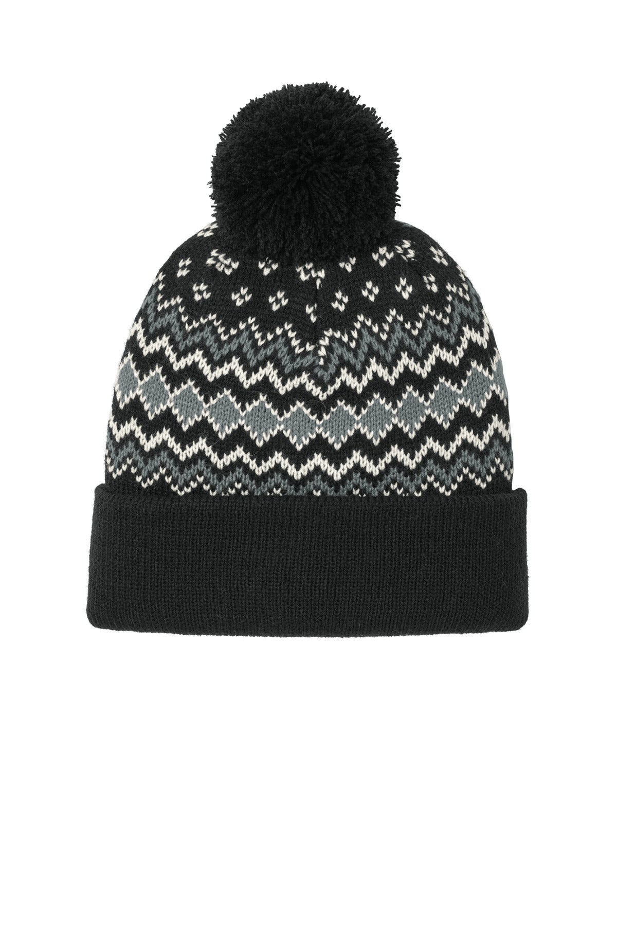 Custom logo Port Authority® Alpine Pom Beanie C991 in Deep Black/ Gusty Grey/ Marshmallow