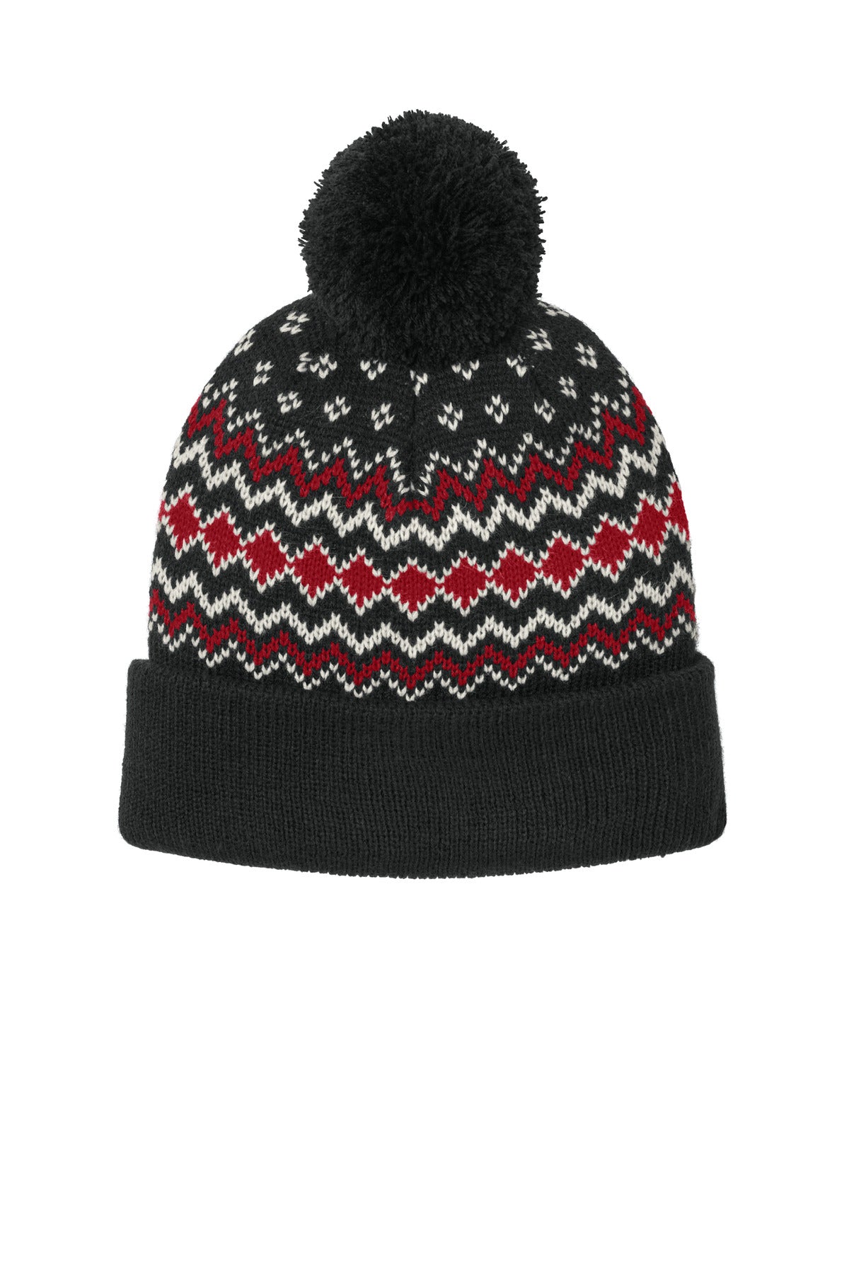 Custom logo Port Authority® Alpine Pom Beanie C991 in Deep Black/ Rich Red/ Marshmallow