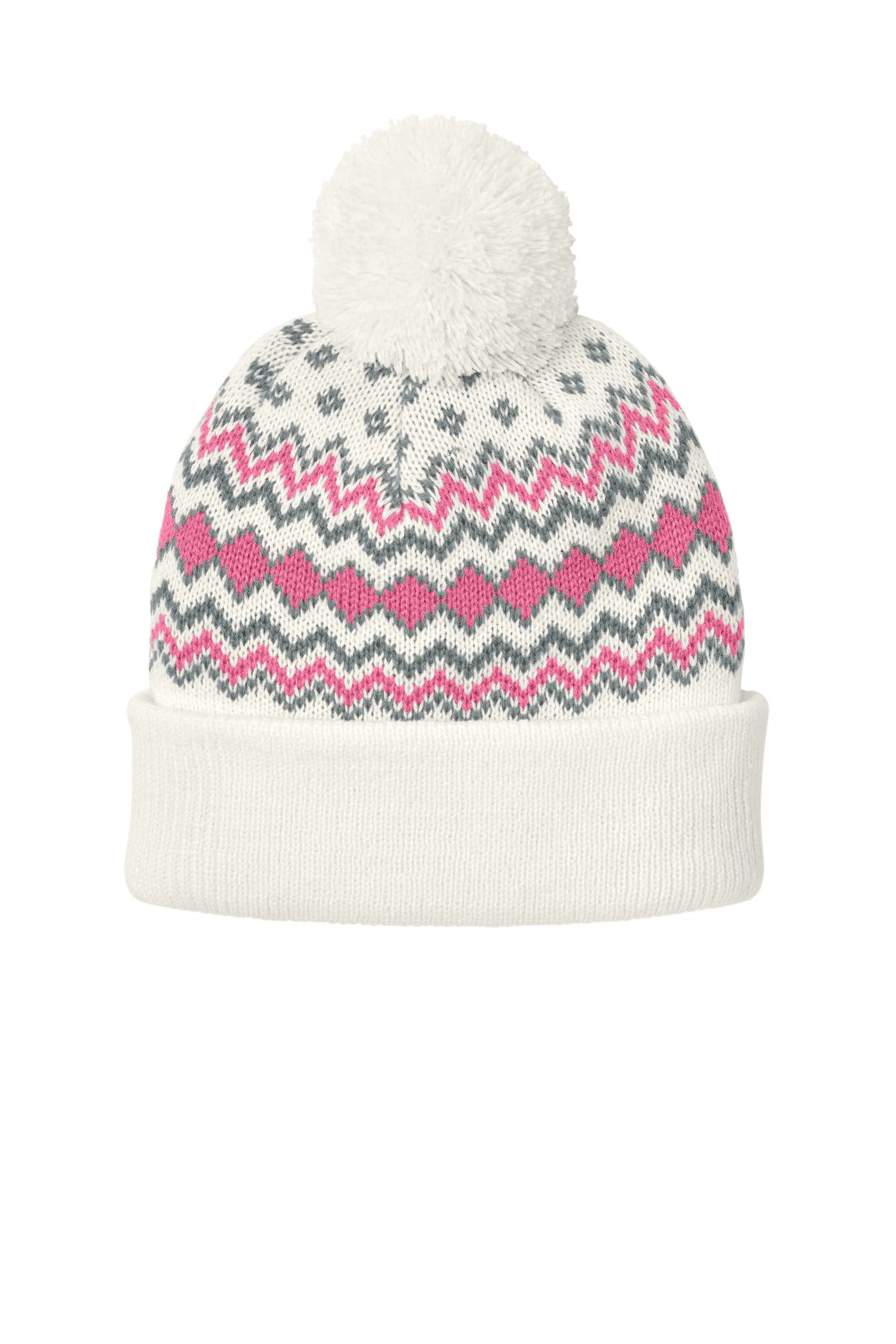 Custom logo Port Authority® Alpine Pom Beanie C991 in Marshmallow/ Awareness Pink/ Gusty Grey
